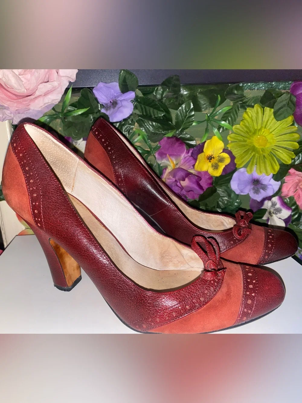 Façade Burgundy Red Suede & Leather Penny Heels Bow Pumps Vintage 1999 SZ 8